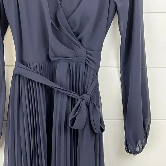 Badgley Mischka Collection Long Sleeve Pleated Wrap Gown Maxi Dress Midnight 4 - Picture 5 of 11